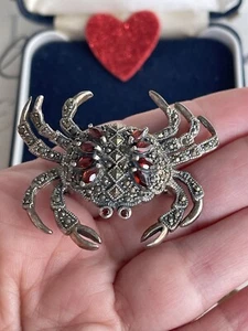 vinrage brooch cancer crab red glass silver 925 w marcasites pave beautiful - Picture 1 of 12