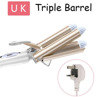Hair Salon Ceramic 3 Triple Barrel Hair Wave Waver Curling Iron Curler Wand UK