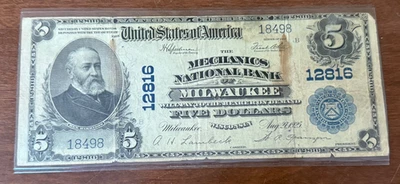 1902 $5 Milwaukee LARGE Size National Bank Note, Speelman White - Image 1 of 2