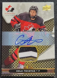 COLE FONSTAD 2018 PONTE SUPERIORE SQUADRA CANADA JUNIORS PREMIUM SWATCH /199 #34 HOCKEY - Foto 1 di 2