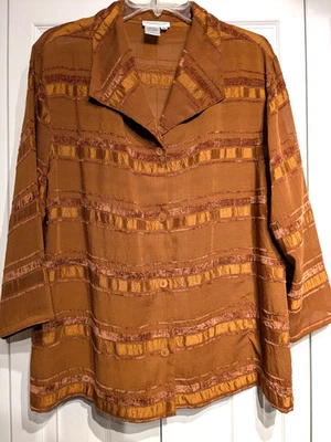 Camisa Coldwater Creek Mujer XL Marrón Dorado Texturizado Blusa Abotonada Capa Superior Foto 1 de 4