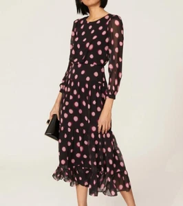 Saloni Isabel Black Purple Polka Dot 100% Silk Ruffle Midi Dress, Size 4 - Picture 1 of 8