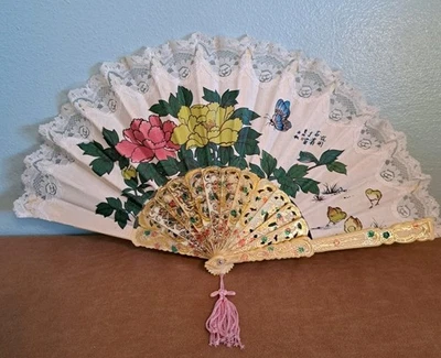 Vintage Lace Floral Fan Embossed Painted Celluloid 9.5 Inch - Image 1 of 4