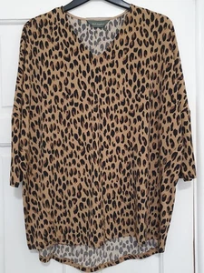 Ruth Langsford Talla 10 Marrón Negro Leopardo Manga Ala de Murciélago Cuello en V Top Suelto! - Imagen 1 de 5