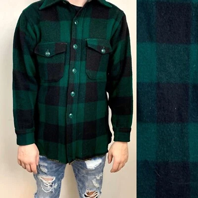 VTG 60s Woolrich Green Buffalo Plaid Button Front Mackinaw Cruiser Jacket Medium - Image 1 of 4