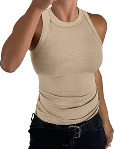 Womens Sleeveless Racerback High Neck Casual Basic Cotton Ribbed Fitted Tank Top - Picture 1 of 12