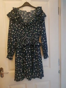 Savida donna blu navy floreale poliestere aderente e svasato taglia 12, vgc - Foto 1 di 4