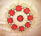 BEADED DOILY WITH BEADED ROSES HAND-CROCHETED 15 " NEW NATURAL, SALMON , GREEN