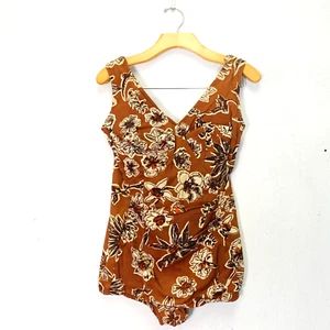 1960s VINTAGE Brown Floral Swimsuit Medium One Piece Grandma Hawaiian Retro - Picture 1 of 14