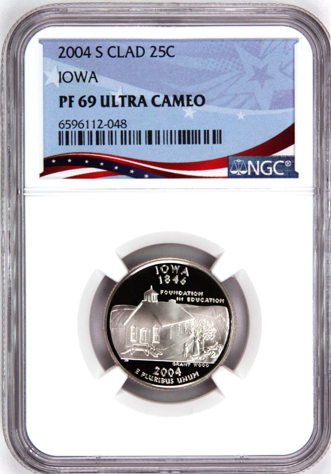 2004-S Proof State Quarter, Iowa,  PF69 Ultra Cameo NGC, Patriotic Label - Image 1 of 4