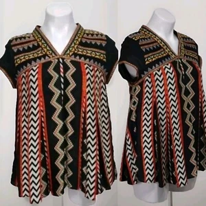 Anthropologie Ranna Gill Embroidered Boho Chevron Cap Sleeve Blouse Top Size 0 - Picture 1 of 16