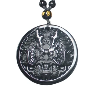 Natural Black obsidian dragon head necklace amulet pendant with adjustable chain - Picture 1 of 7