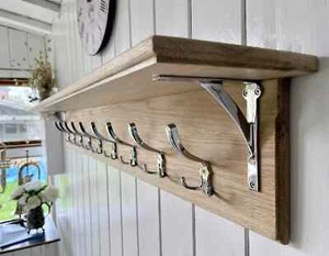 Coat Rack with Shelf Chrome Country Cottage Solid Oak Handmade Modern - Picture 1 of 3