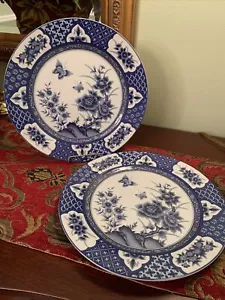 Two IMARI BLOSSOM Blue White Floral Butterfly China Round Dinner Plates 10.75” - Picture 1 of 6