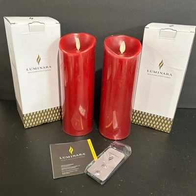 "Vela de cera efecto llama pilar rojo profundo Luminara 8,75x3"" temporizador/baterías/1 control remoto" Foto 1 de 4