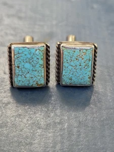 Vintage Sterling Silver Pat Pend Blue Turquoise Cufflinks  - Picture 1 of 8