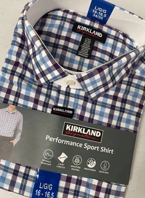 Kirkland Signature Mens Performance Sport Shirt LARGE 16-16.5, 34/35 BLUE/PURPLE - Image 1 of 4