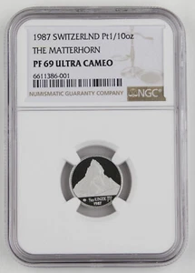 Switzerland 1987 1/10 Oz Platinum Proof Coin The Matterhorn NGC PF69 Ultra Cameo - Picture 1 of 4