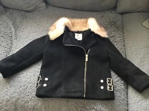 RIVER ISLAND MINI 3-4 YEARS BLACK FAUX SUEDE BIKER JACKET DETACHABLE FUR HOOD - Picture 1 of 10