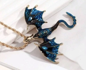 Collier dragon bleu, émaux et strass, 60 Cm, Neuf - Picture 1 of 1