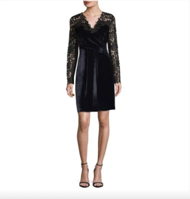 Vestido de cóctel Elie Tahari azul medianoche negro terciopelo manga encaje negro 10 Foto 1 de 4