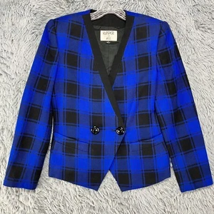 VTG Kasper Blue Check Jacket Blazer Women's 4 Blue Black Power Suit 80's - Picture 1 of 13