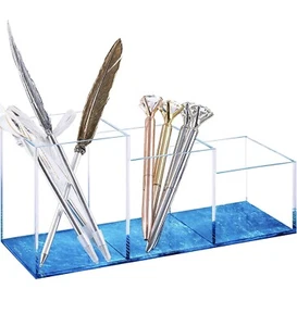 Acrylic Pen Holder 3 Compartments, Clear Pencil Organizer, Clear Makeup Brushes - Picture 1 of 6