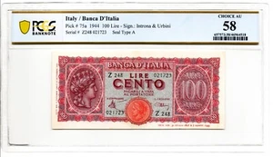 Italy Banca d' Italia 100 Lire 10.12.1944 Pick 75a PCGS Choice AU 58. - Picture 1 of 2