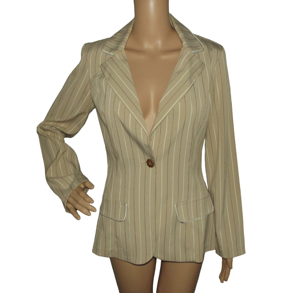 My Michelle Blazer 5/6 Tostado Beige Rayas Un Botón Chaqueta Blanco Marrón Traje Largo Foto 1 de 4