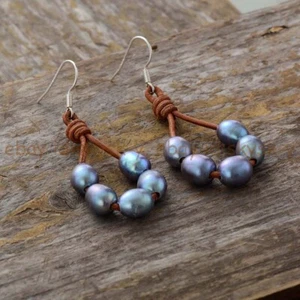 10-12mm Natural Black Freshwater Pearl Dangle Brown Rope Silver Hook Earrings - Picture 1 of 6