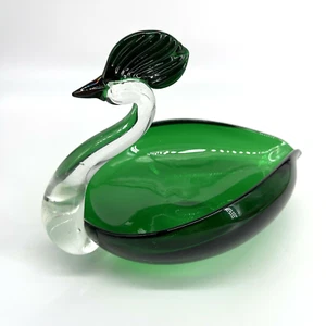 VTG MCM GREEN HAND BLOWN GLASS SWAN CANDY NUTS SERVING DISH BOWL-MURANO STYLE - Picture 1 of 7