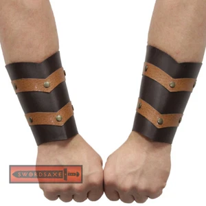 Medieval Warrior Conan Barbarian Leather Mini Bracers Viking Arm Guard Brown - Picture 1 of 2