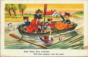 Postal vintage de gatos antropomórficos en un barco y agua B105 - Imagen 1 de 2