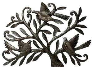 Vtg 1980’s Haitian Metal Art Decor Tree Doves Handmade Signed Cineus 20” X 17” - Picture 1 of 7