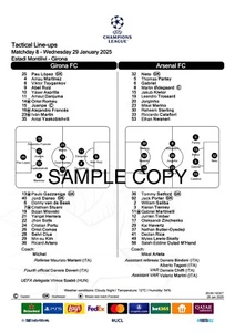 Girona v Arsenal Champions League 29.01.25 EUFA Official Team Sheet - Picture 1 of 1
