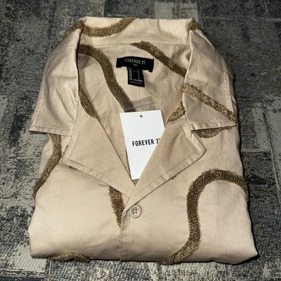 Forever 21 Men's L Shirt NWT Taupe Brown Abstract Woven Textured Short Sleeve - Image 1 of 4