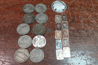 MIXED SILVER LOT-10 GRAM BARS-1-1/4 OZ ROUND-10 WAR SILVER NICKELS-VARIOUS BARS - Image 1 of 4