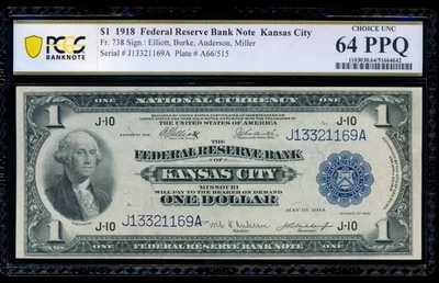 AC Fr 738 1918 $1 FRBN Kansas City PCGS 64 PPQ spread eagle - Image 1 of 2