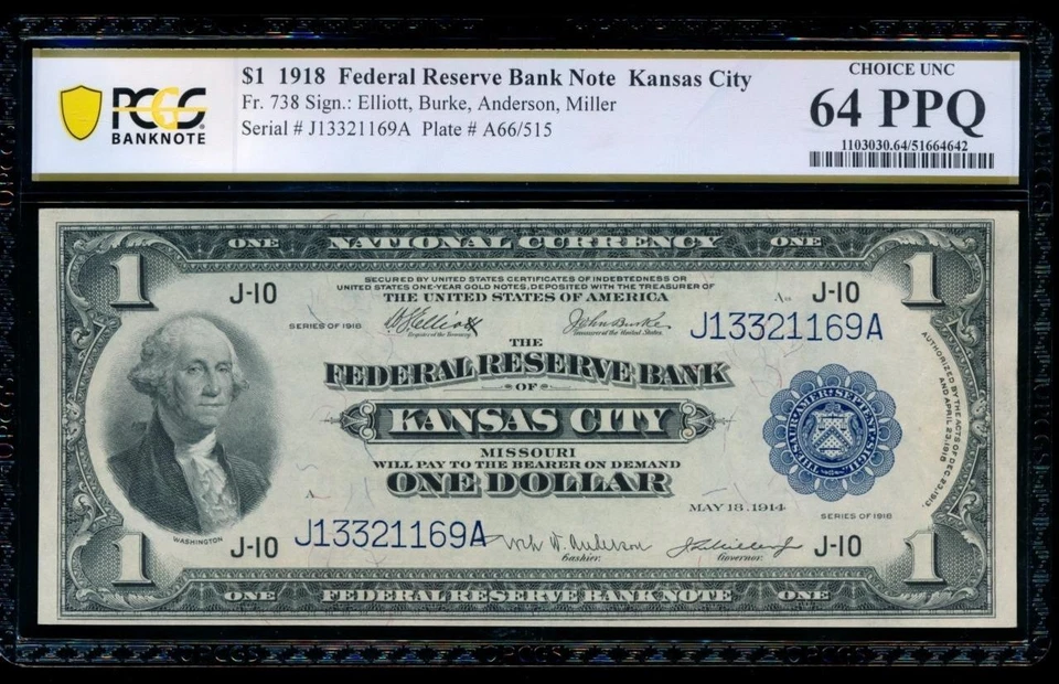 AC Fr 738 1918 $1 FRBN Kansas City PCGS 64 PPQ spread eagle - Image 1 of 2