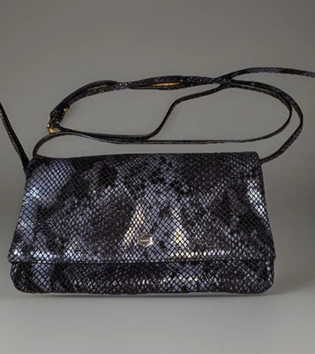 Lodis 蛇皮压花皮革斜挎包蓝色/黑色银色五金二手状况完好 — 第 1/4 张图片
