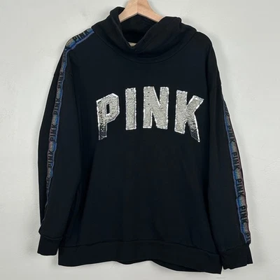 Victoria Secret PINK Rainbow Bling Sequin Sweatshirt Colorful Funnel Neck L - Image 1 of 4