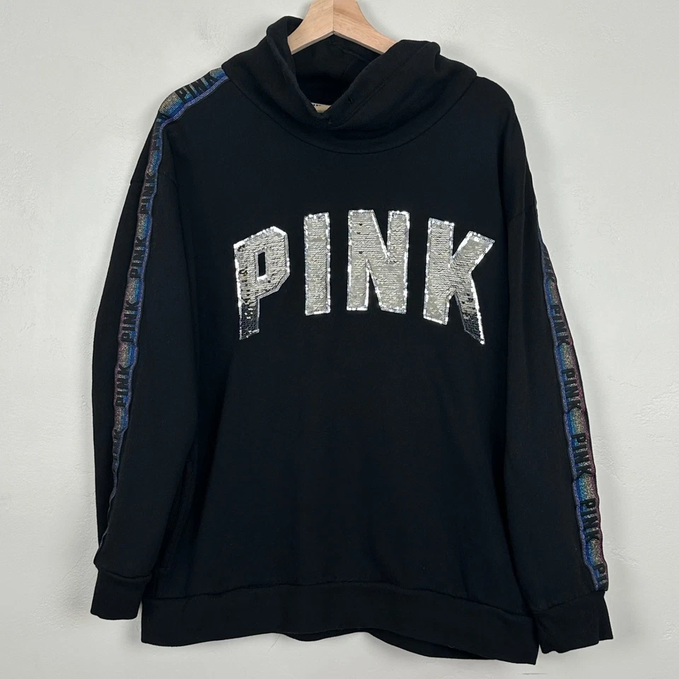 Victoria Secret PINK Rainbow Bling Sequin Sweatshirt Colorful Funnel Neck L - Image 1 of 4