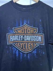 VTG Harley Davidson TShirt Men LARGE Black Blue Flames Short Sleeve Motorcycle - Picture 1 of 6