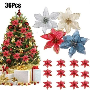 36pcs Artificial Glitter Christmas Poinsettia Flower Xmas Tree Ornaments Decor - Picture 1 of 14