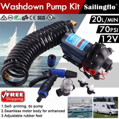 12V Water Pump Kit 20L/MIN 70PSI High Pressure Wash-Down Deck Caravan Boat SET - image 1 of 4