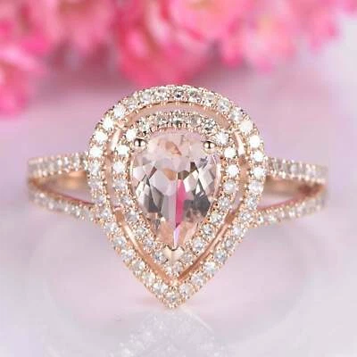 2.6Ct Lab-Created Morganite Ring Dual Halo Split Shank REAL 9ct SOLID Rose Gold - Image 1 of 4