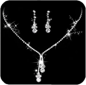 Necklace Earrings Set Bride Jewelry Crystal Rhinestone Jewelry for Women Silver - Picture 1 of 12