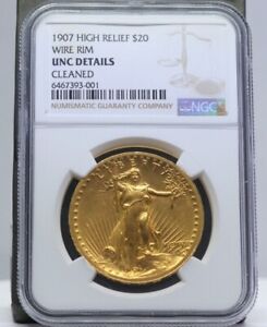 St. Gaudens 1907 High Relief Wire Rim Double Eagle $20 Gold Coin NGC Unc Details