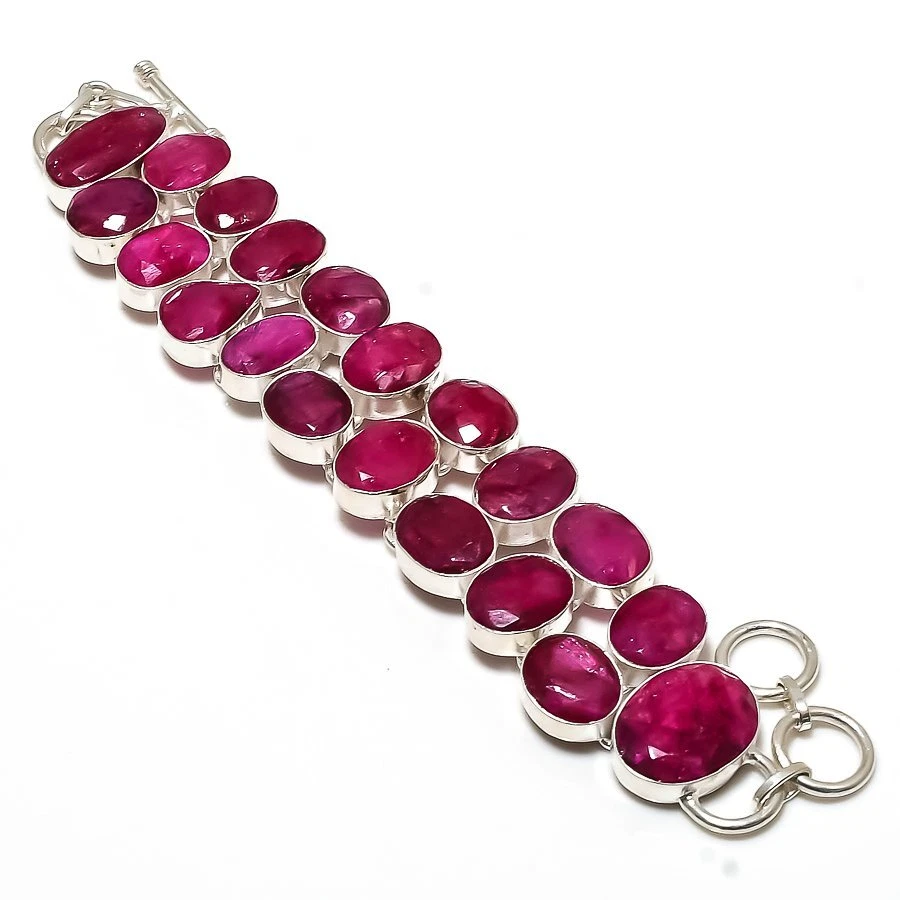 Ruby(Simulated) Gemstone Handmade 925 Sterling Silver Jewelry Bracelet 7-8" - Image 1 of 1