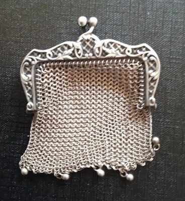 Ancien porte monnaie d'Aumonière en cote de maille argent massif  - Art Nouveau - Photo 1/2